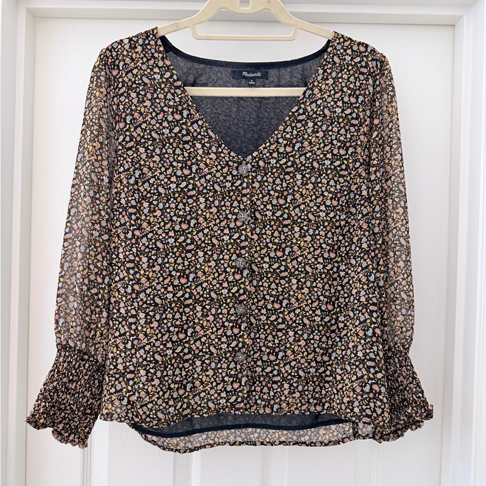 Madewell Black Floral V-Neck Smocked Sleeve Blouse